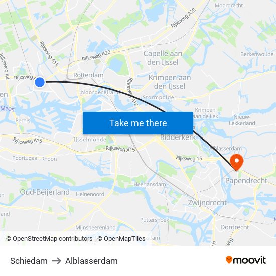 Schiedam to Alblasserdam map