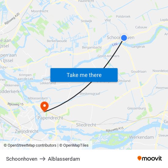 Schoonhoven to Alblasserdam map
