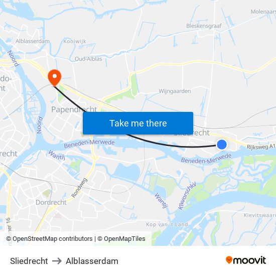 Sliedrecht to Alblasserdam map