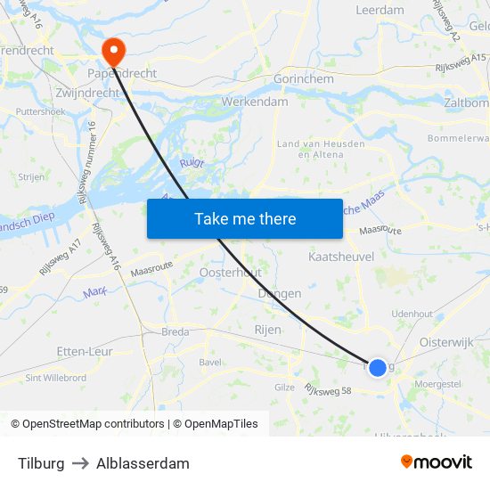 Tilburg to Alblasserdam map