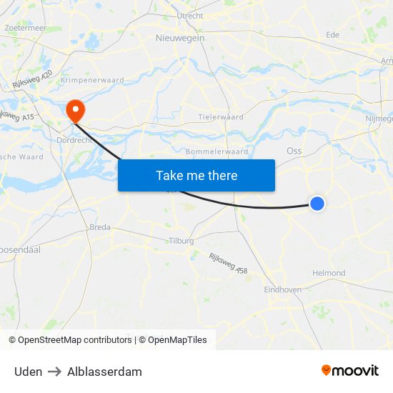 Uden to Alblasserdam map