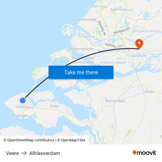 Veere to Alblasserdam map