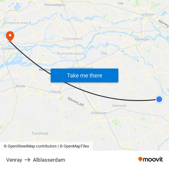 Venray to Alblasserdam map