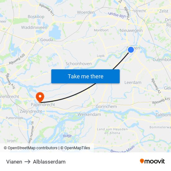 Vianen to Alblasserdam map