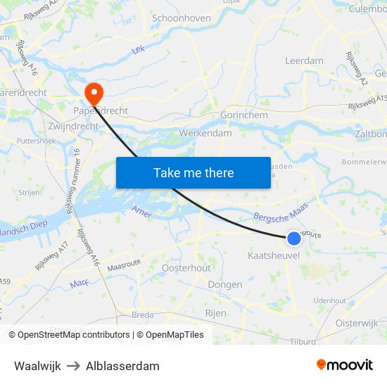Waalwijk to Alblasserdam map