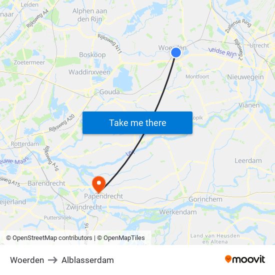 Woerden to Alblasserdam map