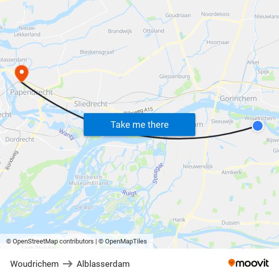 Woudrichem to Alblasserdam map