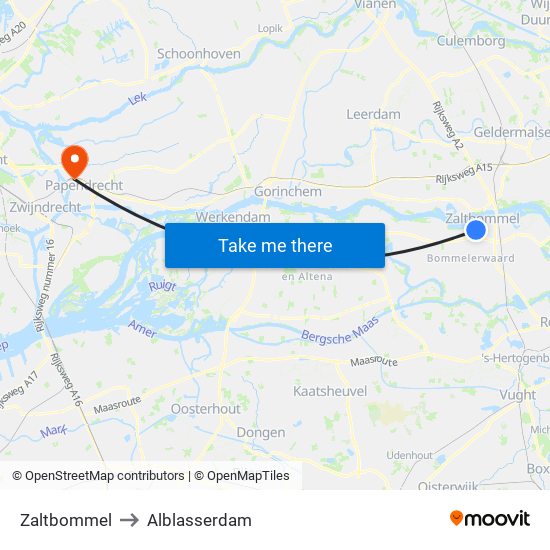 Zaltbommel to Alblasserdam map