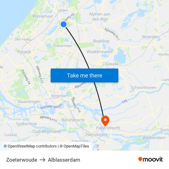 Zoeterwoude to Alblasserdam map