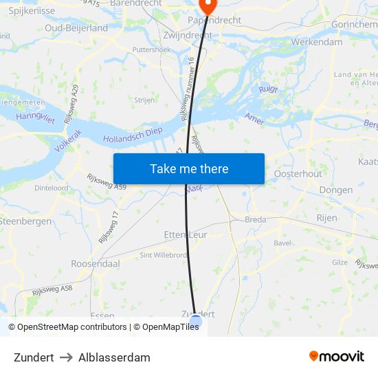 Zundert to Alblasserdam map