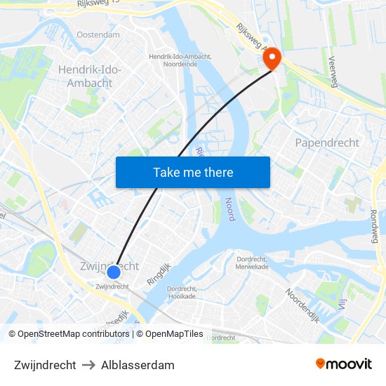 Zwijndrecht to Alblasserdam map
