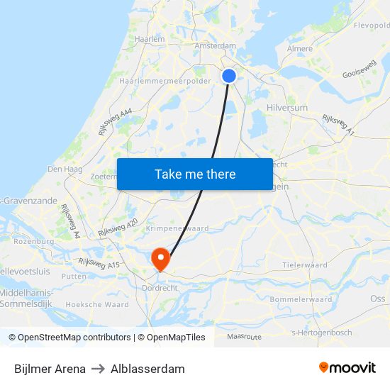 Bijlmer Arena to Alblasserdam map