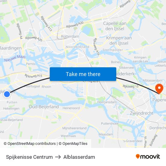Spijkenisse Centrum to Alblasserdam map