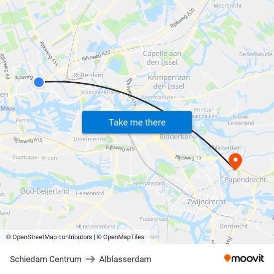 Schiedam Centrum to Alblasserdam map