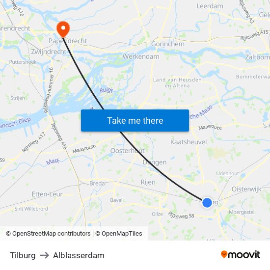 Tilburg to Alblasserdam map