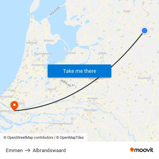 Emmen to Albrandswaard map