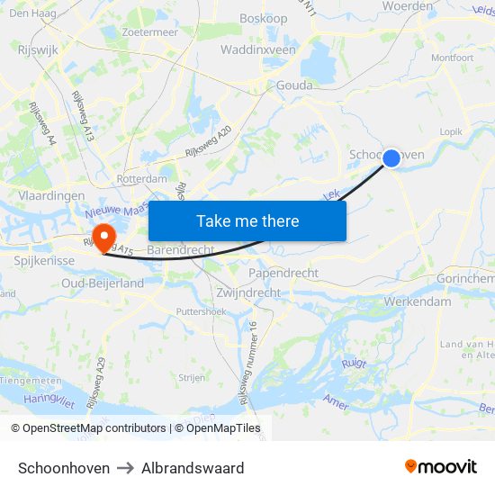 Schoonhoven to Albrandswaard map