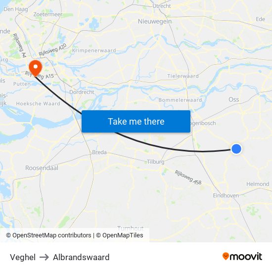 Veghel to Albrandswaard map