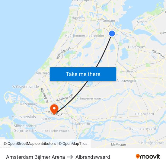 Amsterdam Bijlmer Arena to Albrandswaard map