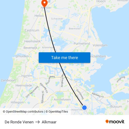 De Ronde Venen to Alkmaar map