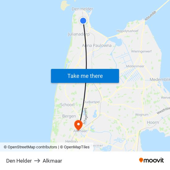 Den Helder to Alkmaar map