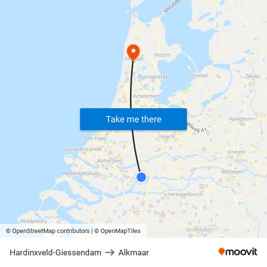 Hardinxveld-Giessendam to Alkmaar map