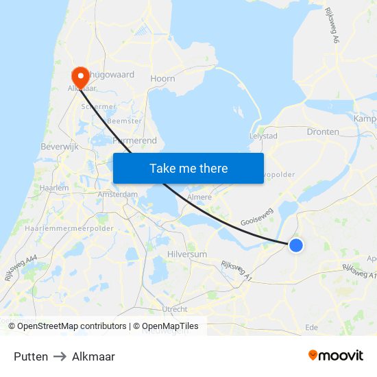 Putten to Alkmaar map