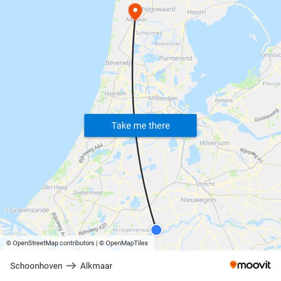 Schoonhoven to Alkmaar map