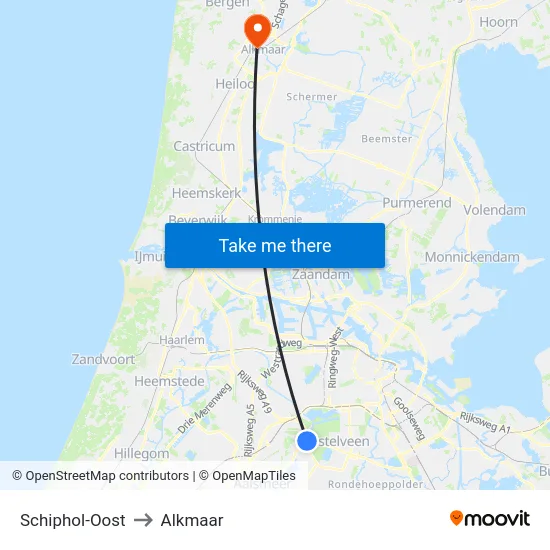 Schiphol-Oost to Alkmaar map