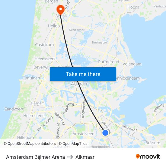 Amsterdam Bijlmer Arena to Alkmaar map