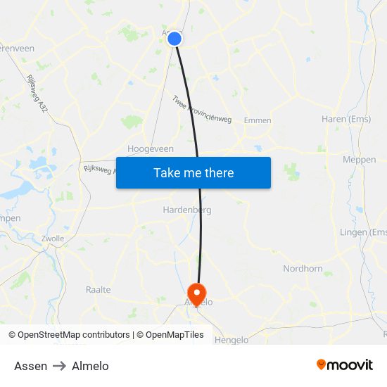 Assen to Almelo map