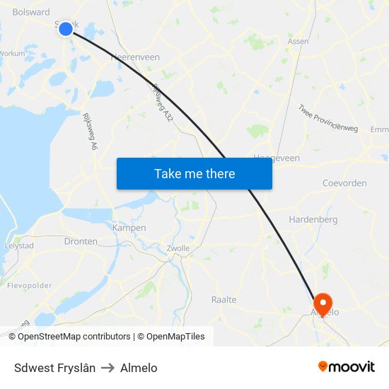 Sdwest Fryslân to Almelo map