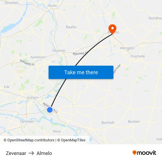 Zevenaar to Almelo map