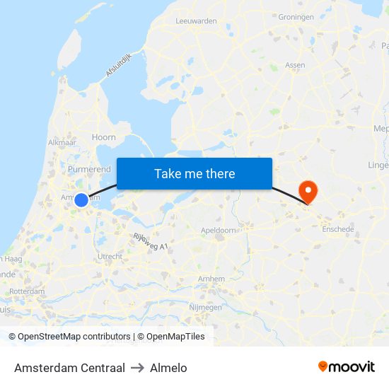 Amsterdam Centraal to Almelo map