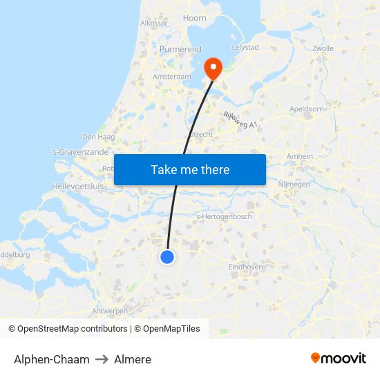 Alphen-Chaam to Almere map