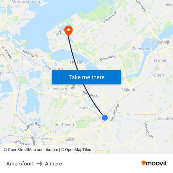 Amersfoort to Almere map