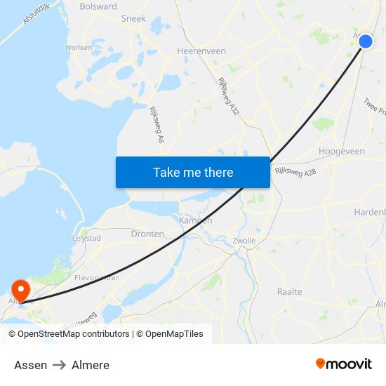 Assen to Almere map
