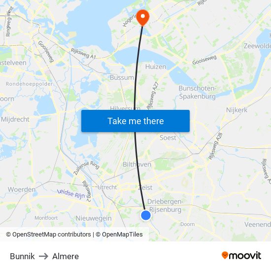 Bunnik to Almere map