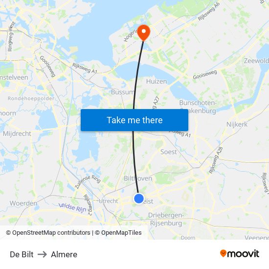 De Bilt to Almere map