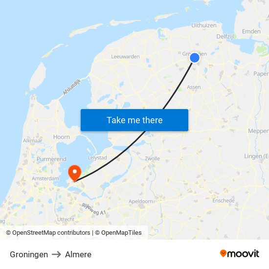 Groningen to Almere map