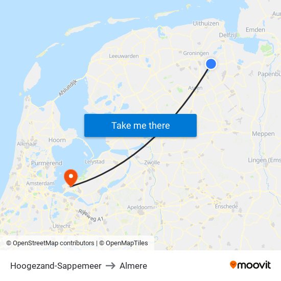 Hoogezand-Sappemeer to Almere map