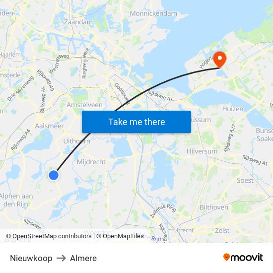 Nieuwkoop to Almere map