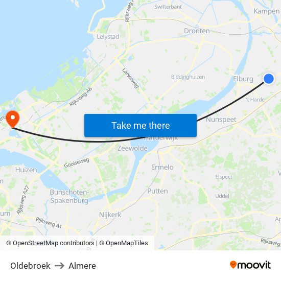 Oldebroek to Almere map