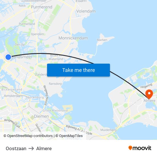 Oostzaan to Almere map