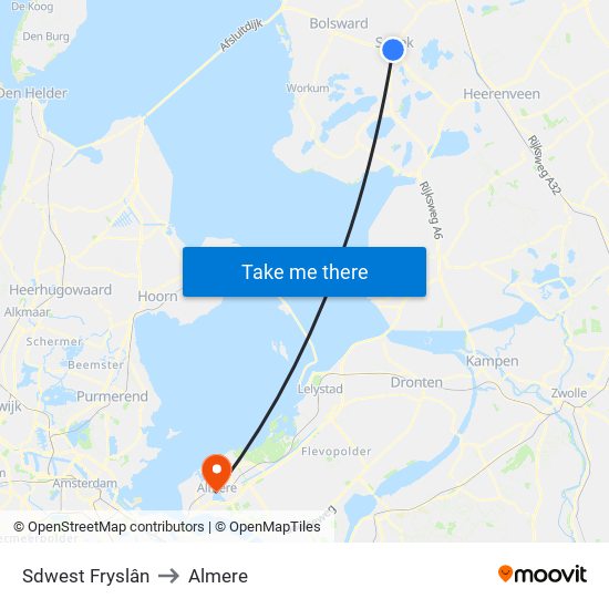 Sdwest Fryslân to Almere map