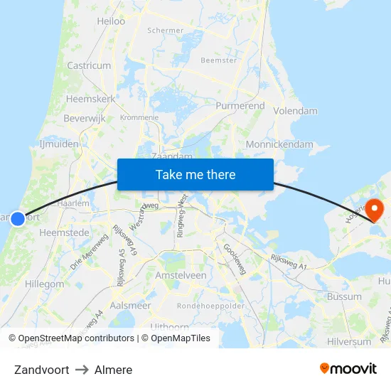 Zandvoort to Almere map
