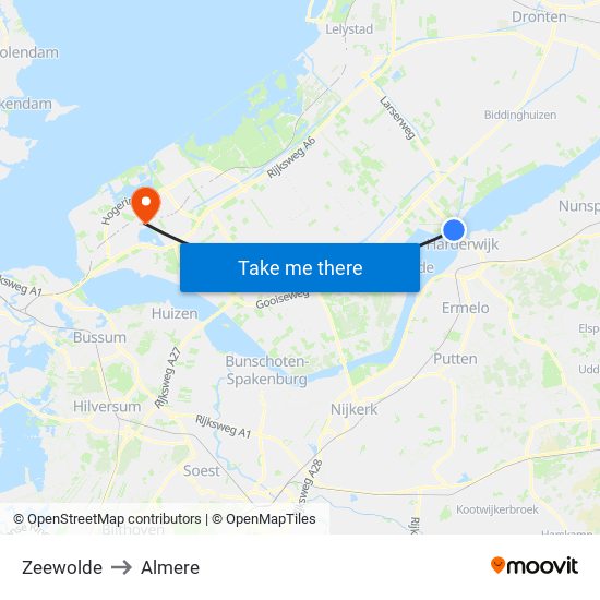 Zeewolde to Almere map