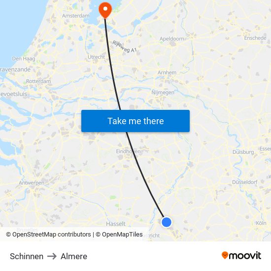 Schinnen to Almere map
