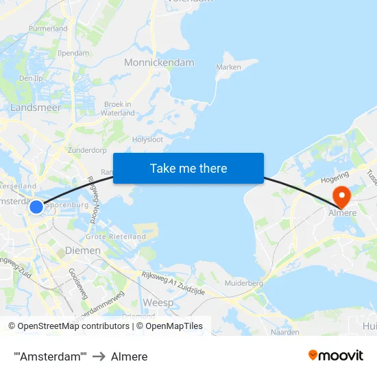 ""Amsterdam"" to Almere map