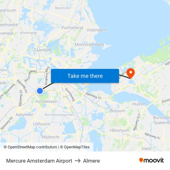 Mercure Amsterdam Airport to Almere map